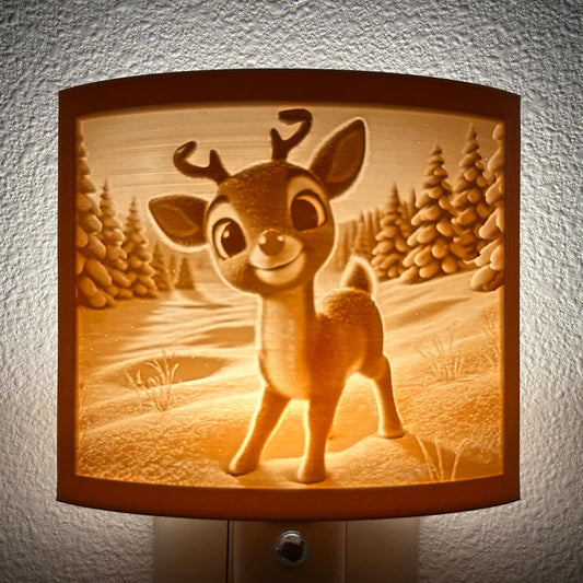 Reindeer Standing in Snowy Forest Night Light