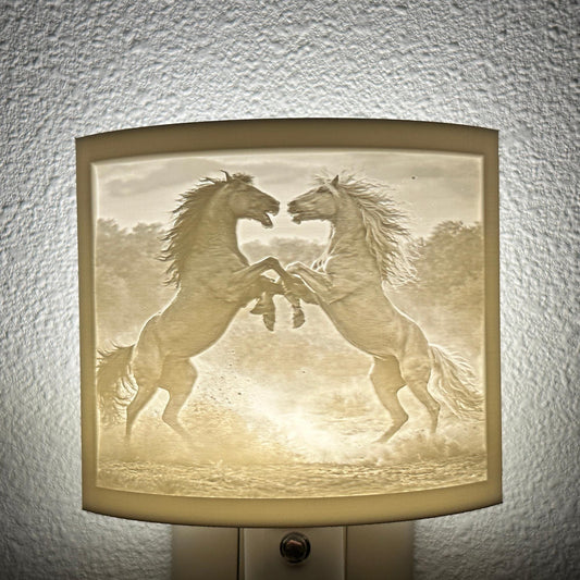 Rearing Horses Night Light – Auto On/Off Plug-In LED Lamp – Western Horse Wall Light