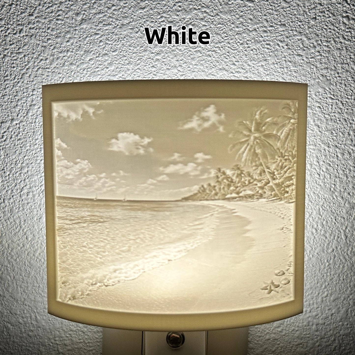 White tropical beach lithophane night light featuring palm trees, ocean waves, sandy shoreline, and seashell details, softly glowing curved coastal decor for bedrooms, bathrooms, beach houses, or relaxing spaces.