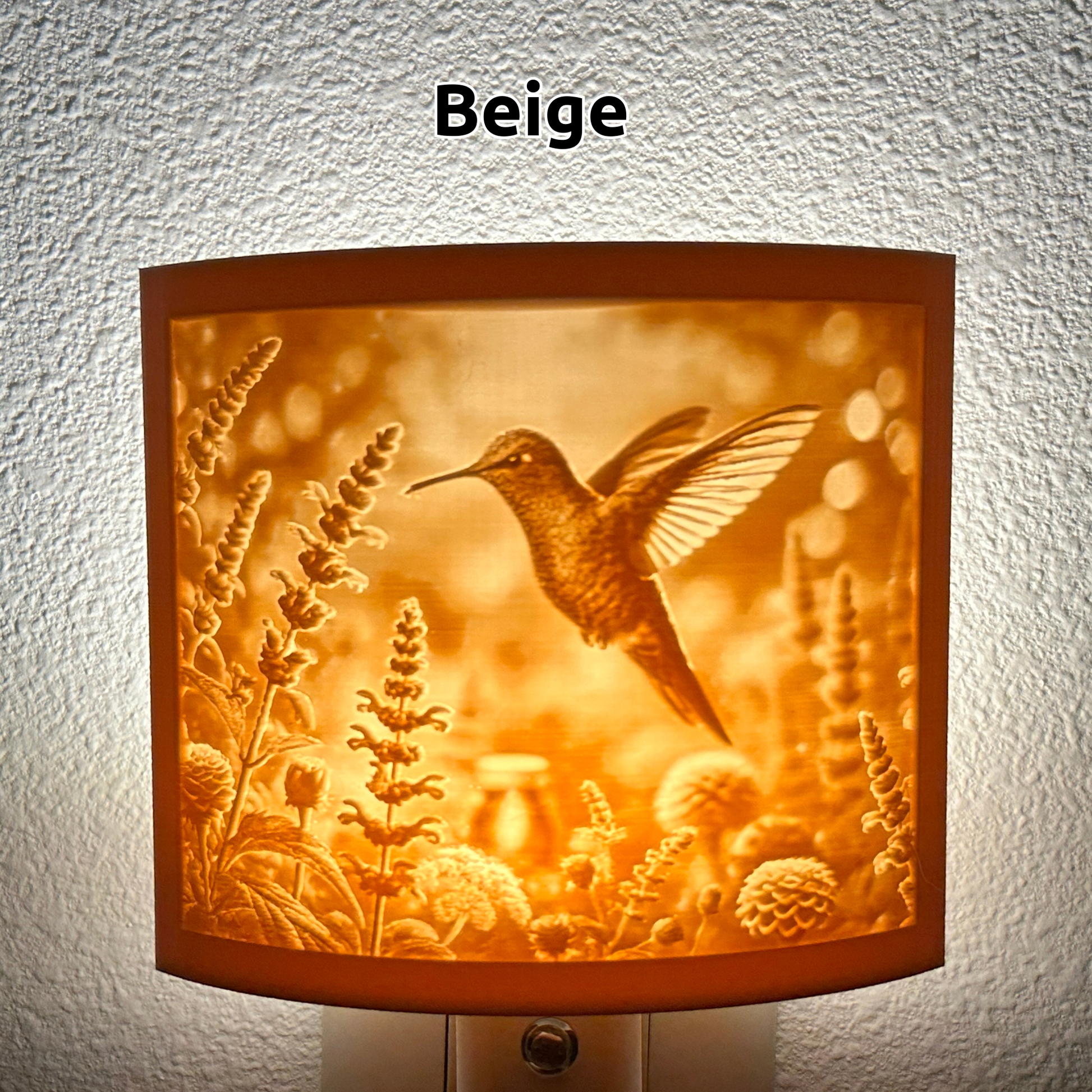 Warm glowing hummingbird lithophane night light featuring a detailed hummingbird hovering among blooming flowers, curved nature-inspired decor for bedrooms, hallways, nurseries, or garden-themed spaces.