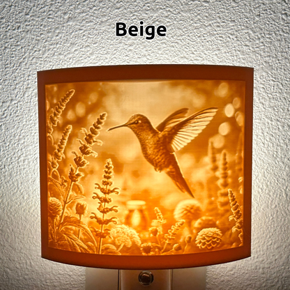 Warm glowing hummingbird lithophane night light featuring a detailed hummingbird hovering among blooming flowers, curved nature-inspired decor for bedrooms, hallways, nurseries, or garden-themed spaces.