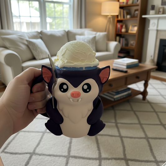 Cute bat ice cream mug holding a scoop of vanilla ice cream, novelty animal mug for dessert and fun kitchen gifts.