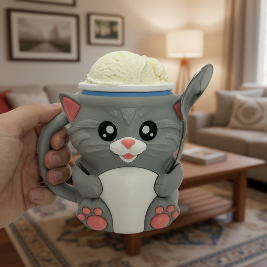 Cute cat ice cream mug holding a scoop of vanilla ice cream, novelty animal dessert cup for fun kitchen gifts.
