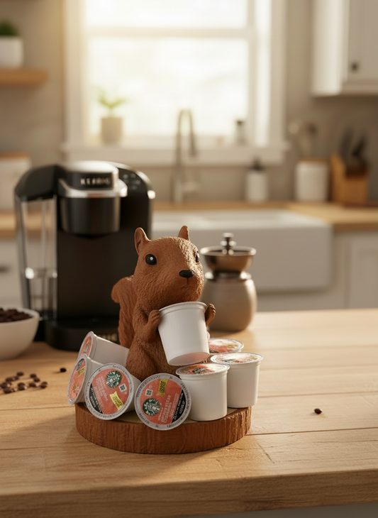 Squirrel coffee pod holder with K-cups displayed on a kitchen counter, cute coffee bar decor and fun coffee station organizer.