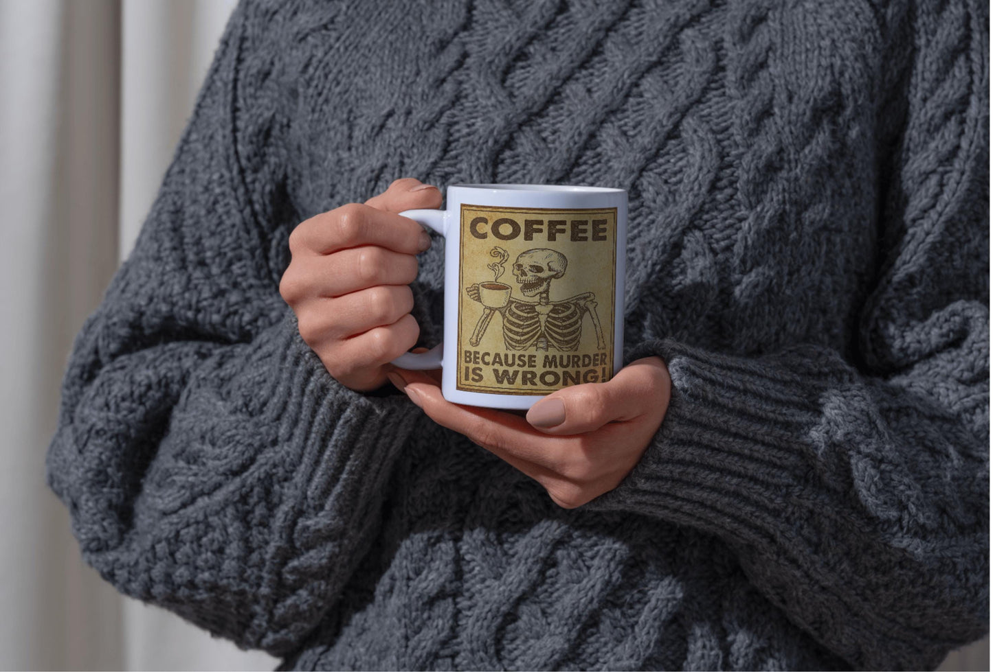 Funny Skeleton Coffee Mug – “Coffee Because Murder Is Wrong” – Dark Humor Gift for Coffee Lovers