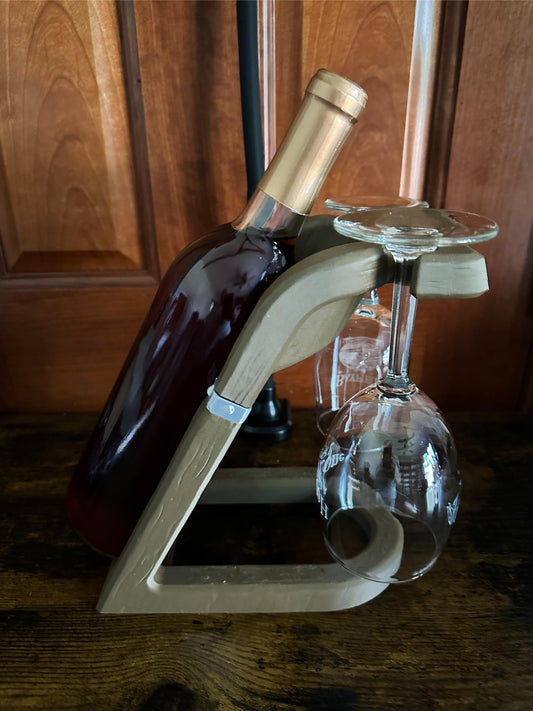 Rustic Wine Bottle and Glass Holder | Barrel-Style Stand for 1 Bottle & 2 Glasses