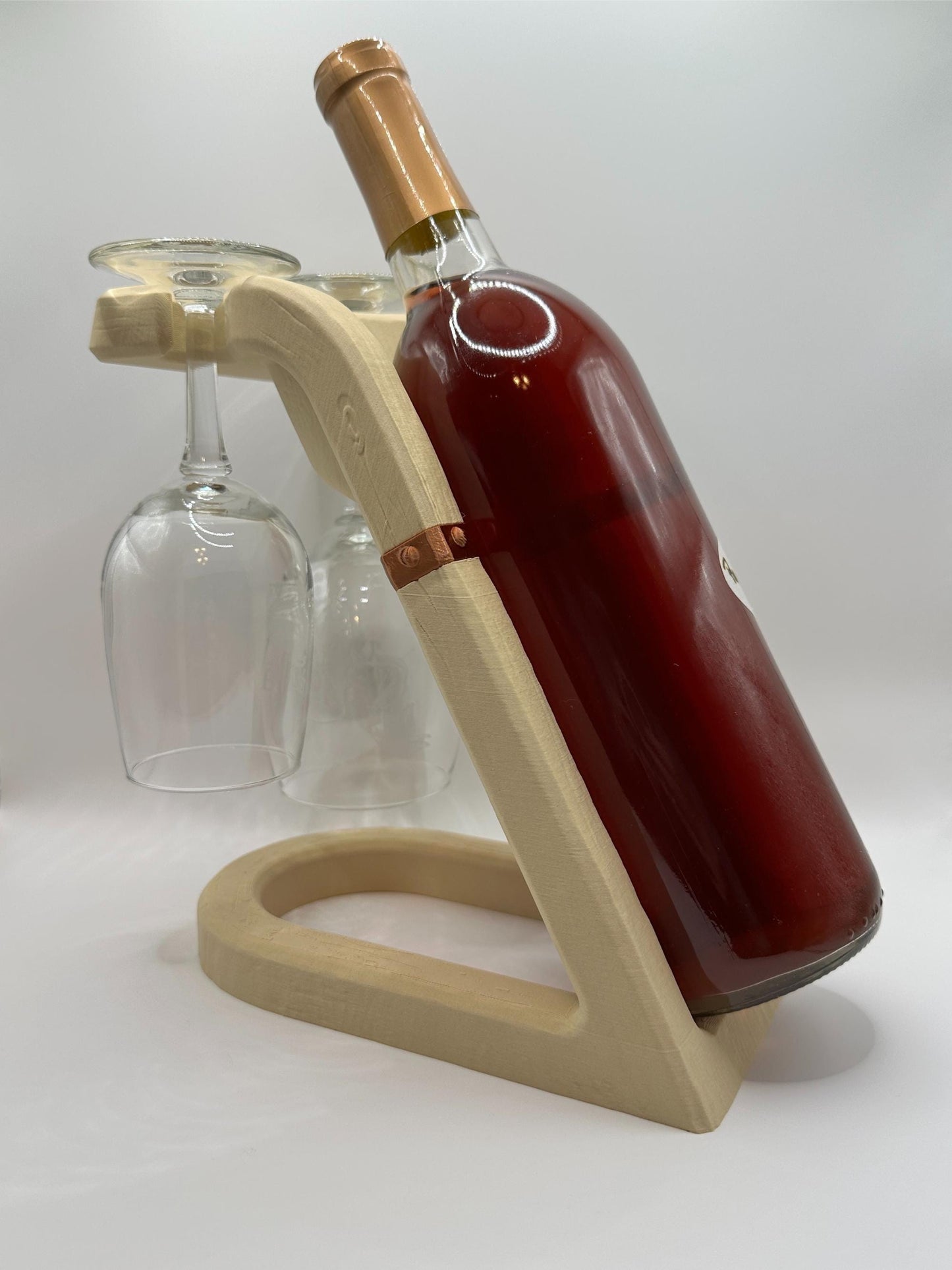 Rustic Wine Bottle and Glass Holder | Barrel-Style Stand for 1 Bottle & 2 Glasses
