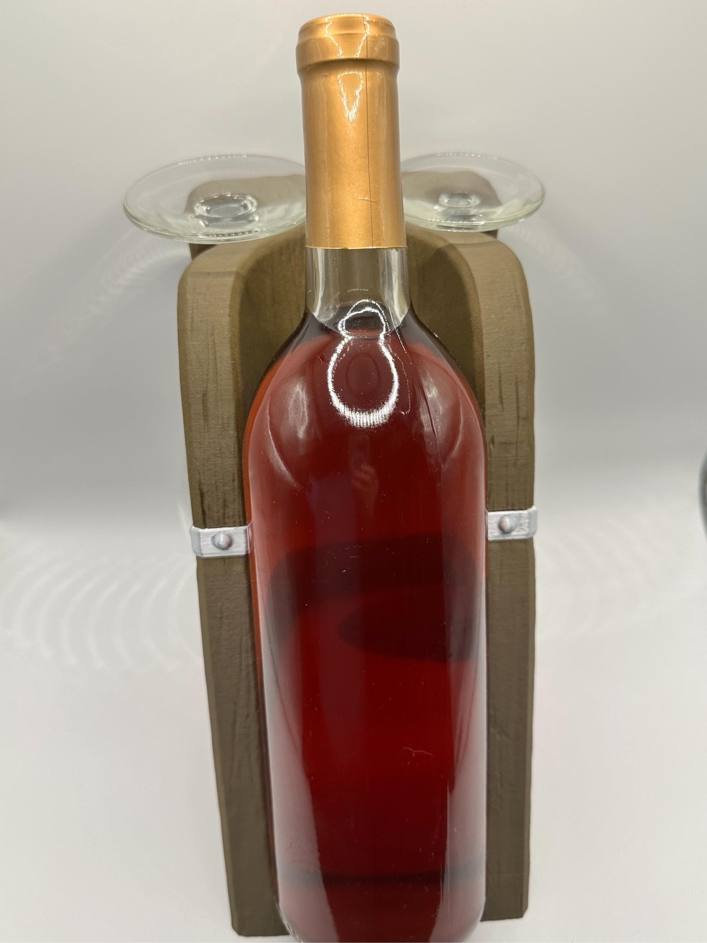 Rustic Wine Bottle and Glass Holder | Barrel-Style Stand for 1 Bottle & 2 Glasses