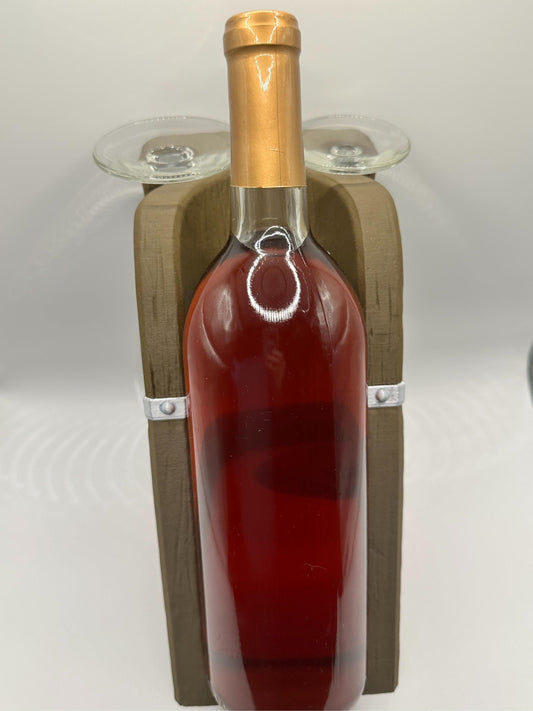 Rustic Wine Bottle and Glass Holder | Barrel-Style Stand for 1 Bottle & 2 Glasses