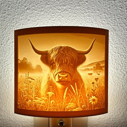 Highland Cow Night Light | Rustic Farmhouse LED Plug-In, Auto On/Off