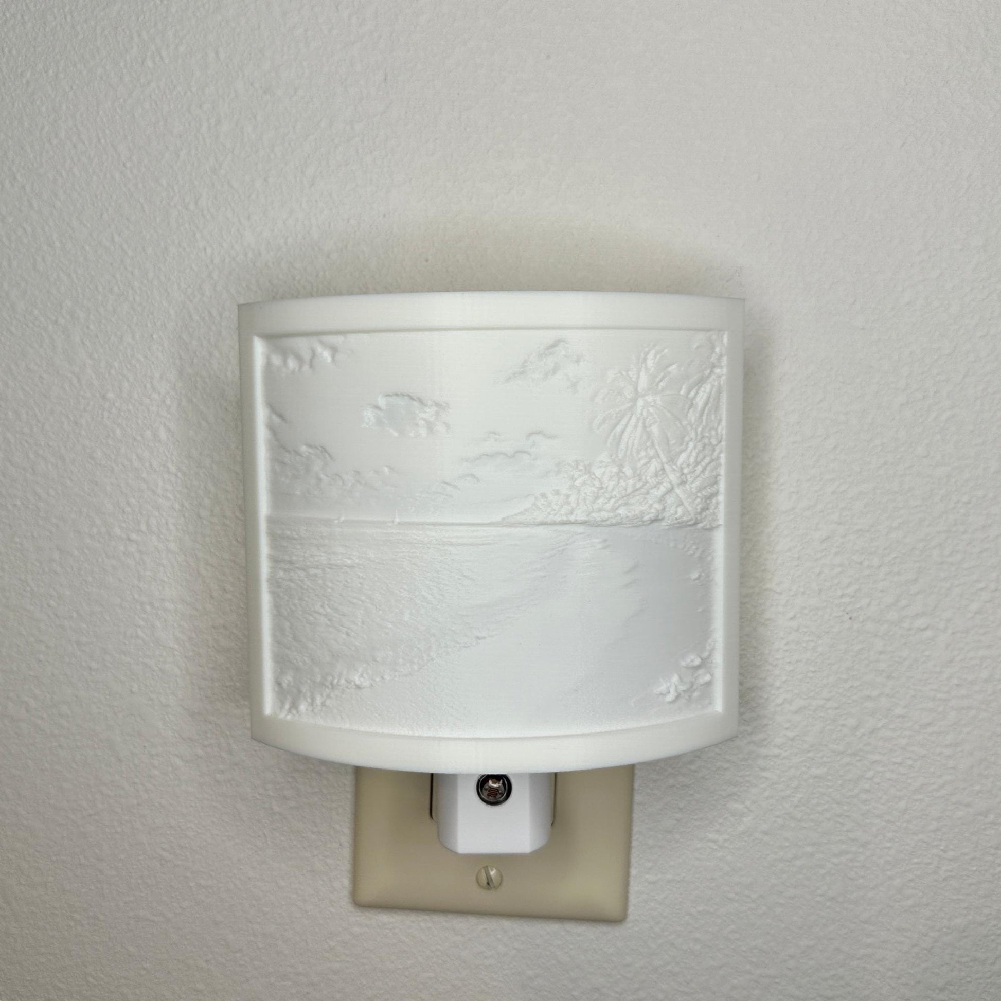 White tropical beach lithophane night light with embossed palm trees, ocean waves, sandy shoreline, and seashell details, curved coastal decor for bedrooms, bathrooms, beach houses, or relaxing spaces.