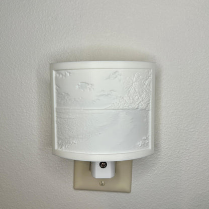 White tropical beach lithophane night light with embossed palm trees, ocean waves, sandy shoreline, and seashell details, curved coastal decor for bedrooms, bathrooms, beach houses, or relaxing spaces.