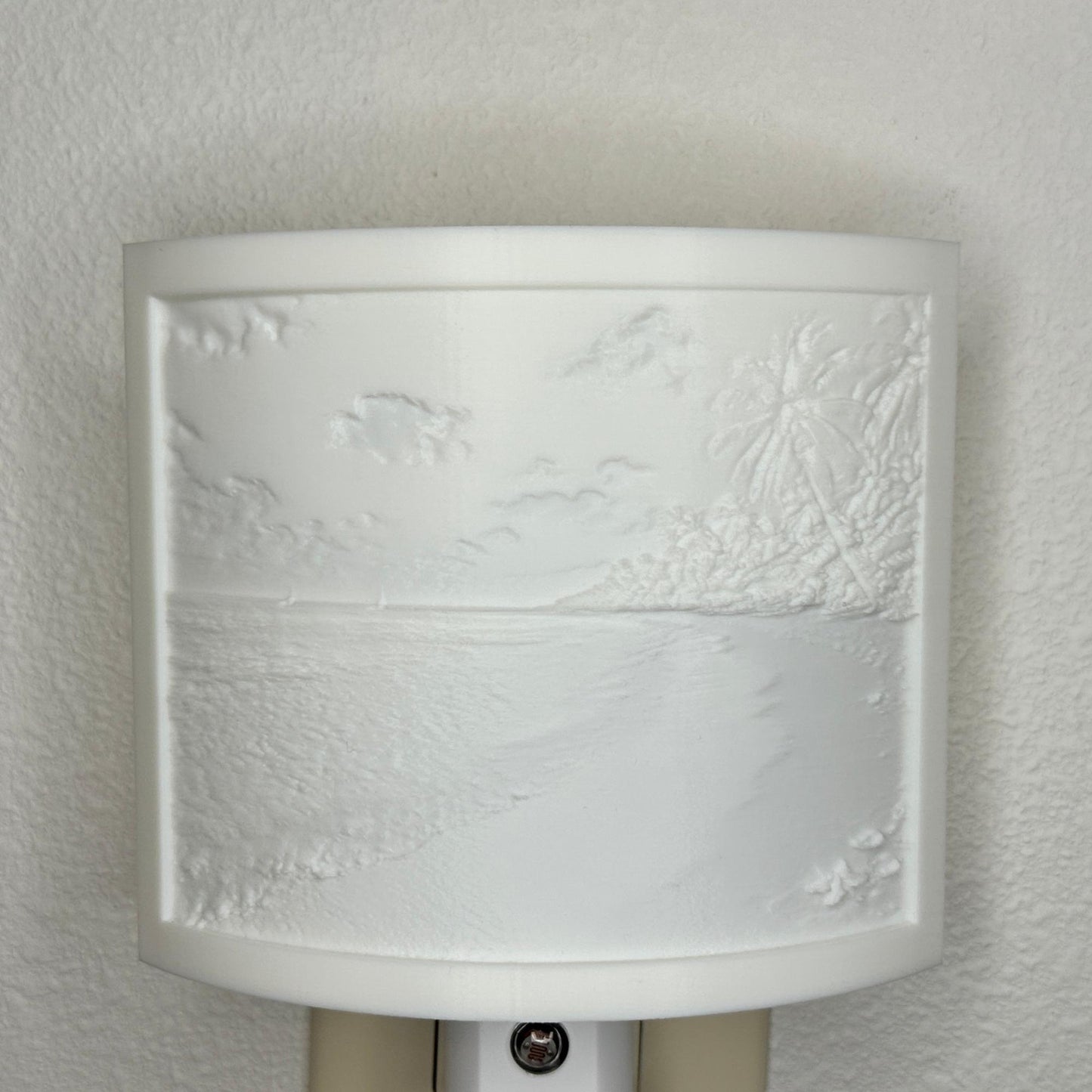 White tropical beach lithophane night light with embossed palm trees, ocean waves, sandy shoreline, and seashell details, curved coastal decor for bedrooms, bathrooms, beach houses, or relaxing spaces.