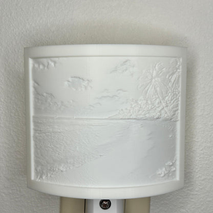 White tropical beach lithophane night light with embossed palm trees, ocean waves, sandy shoreline, and seashell details, curved coastal decor for bedrooms, bathrooms, beach houses, or relaxing spaces.