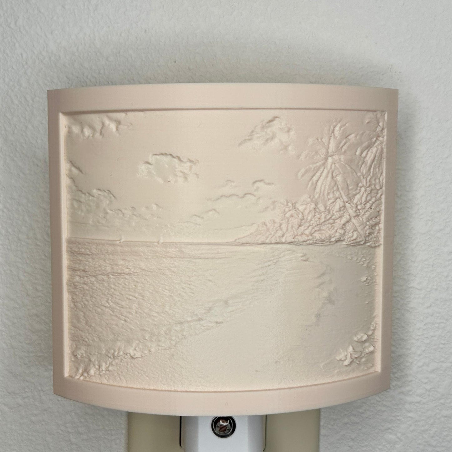 Beige tropical beach lithophane night light with embossed palm trees, ocean waves, sandy shoreline, and seashell details, curved coastal decor for bedrooms, bathrooms, beach houses, or relaxing spaces.