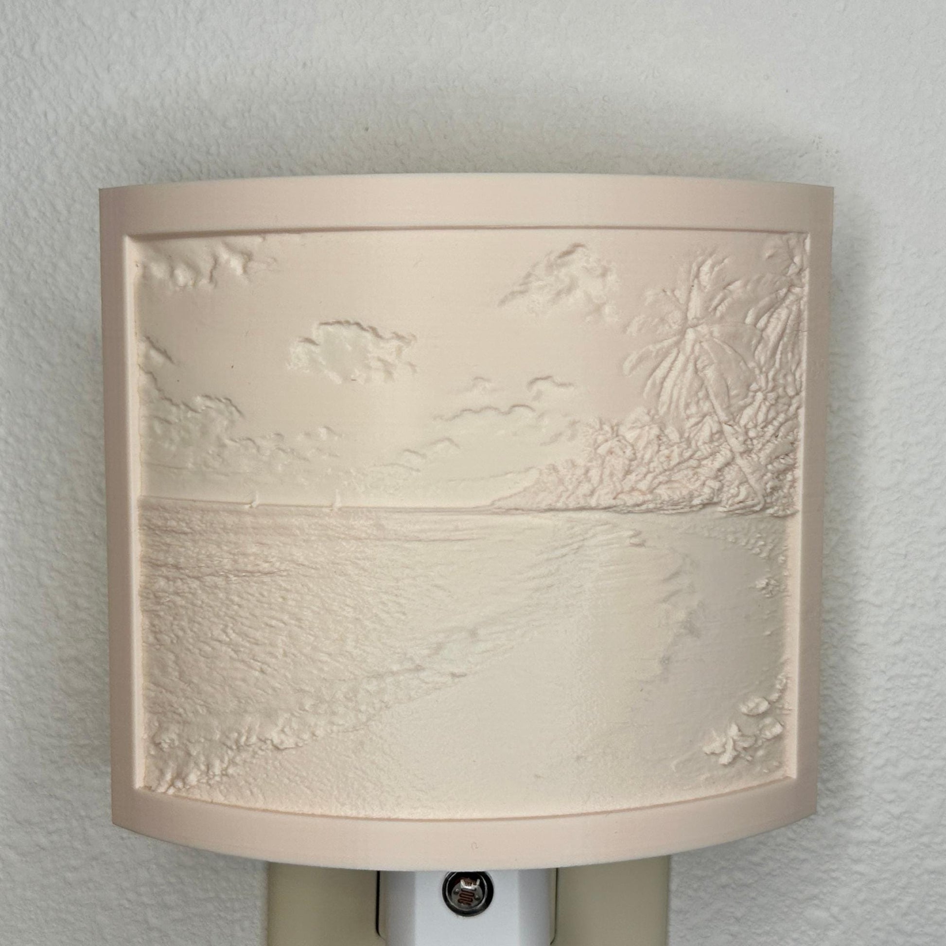 Beige tropical beach lithophane night light with embossed palm trees, ocean waves, sandy shoreline, and seashell details, curved coastal decor for bedrooms, bathrooms, beach houses, or relaxing spaces.
