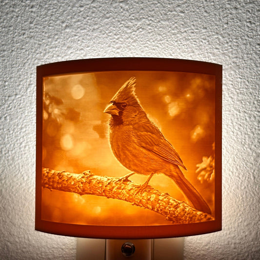 Warm glowing cardinal lithophane night light featuring a detailed cardinal perched on a tree branch, curved bird-themed decor for bedrooms, hallways, cabins, or nature-inspired spaces.
