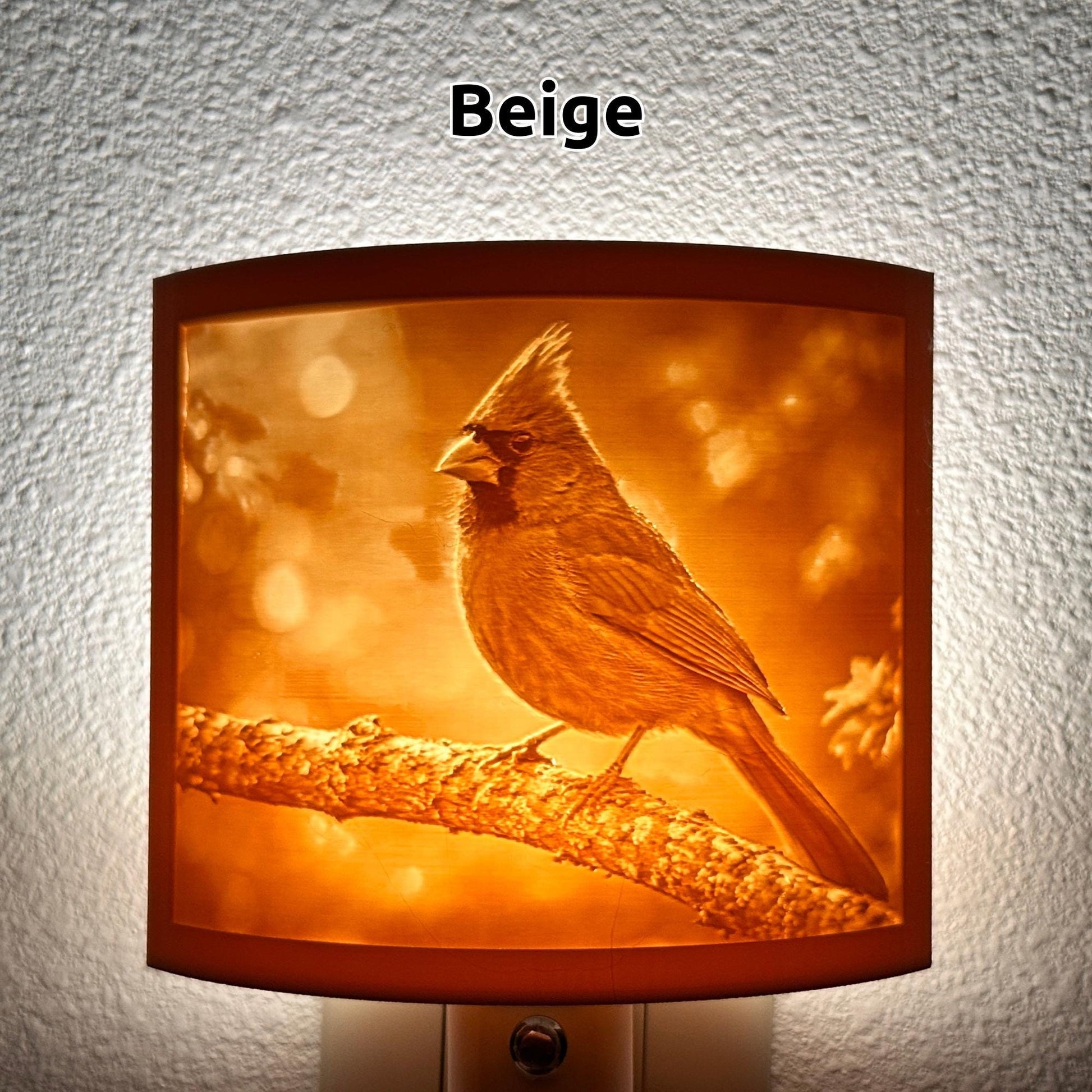 Warm glowing cardinal lithophane night light featuring a detailed cardinal perched on a tree branch, curved bird-themed decor for bedrooms, hallways, cabins, or nature-inspired spaces.
