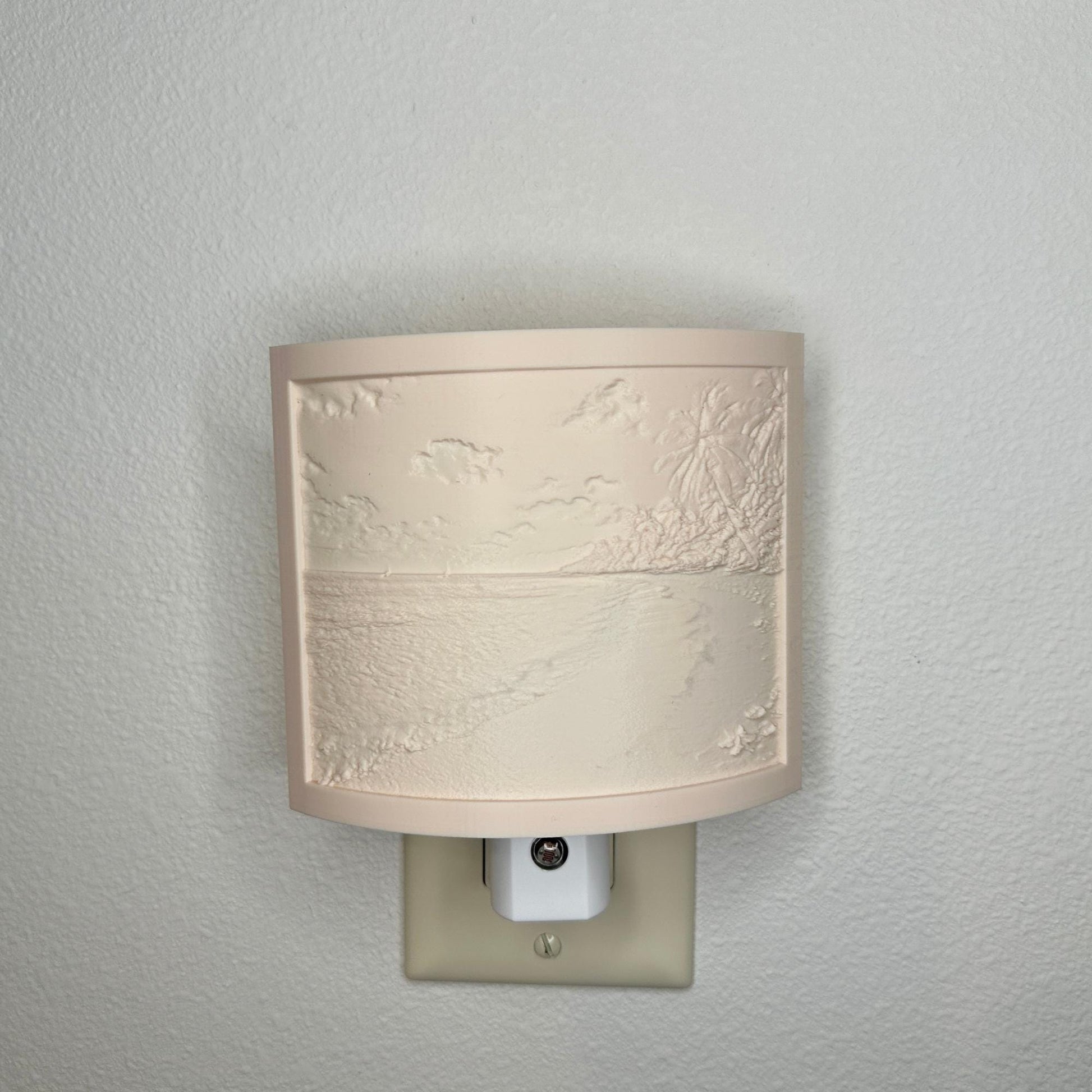 Beige tropical beach lithophane night light with embossed palm trees, ocean waves, sandy shoreline, and seashell details, curved coastal decor for bedrooms, bathrooms, beach houses, or relaxing spaces.