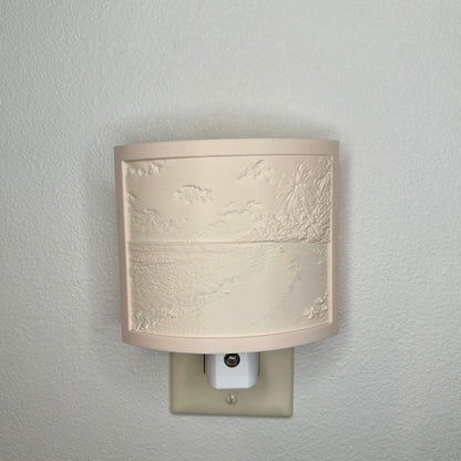 Beige tropical beach lithophane night light with embossed palm trees, ocean waves, sandy shoreline, and seashell details, curved coastal decor for bedrooms, bathrooms, beach houses, or relaxing spaces.
