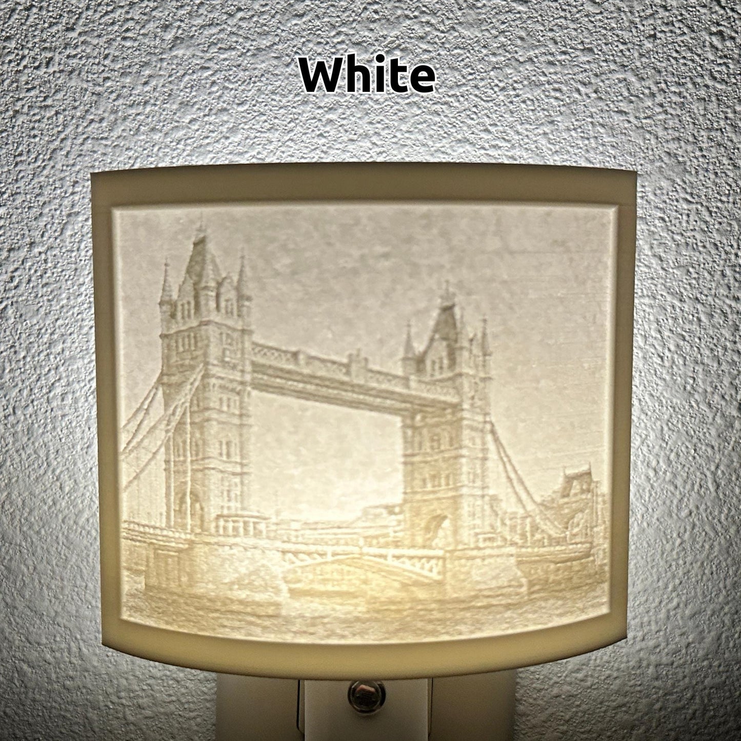White Tower Bridge lithophane night light featuring a detailed London bridge cityscape, softly glowing curved travel-themed decor for bedrooms, offices, hallways, or architecture enthusiasts.