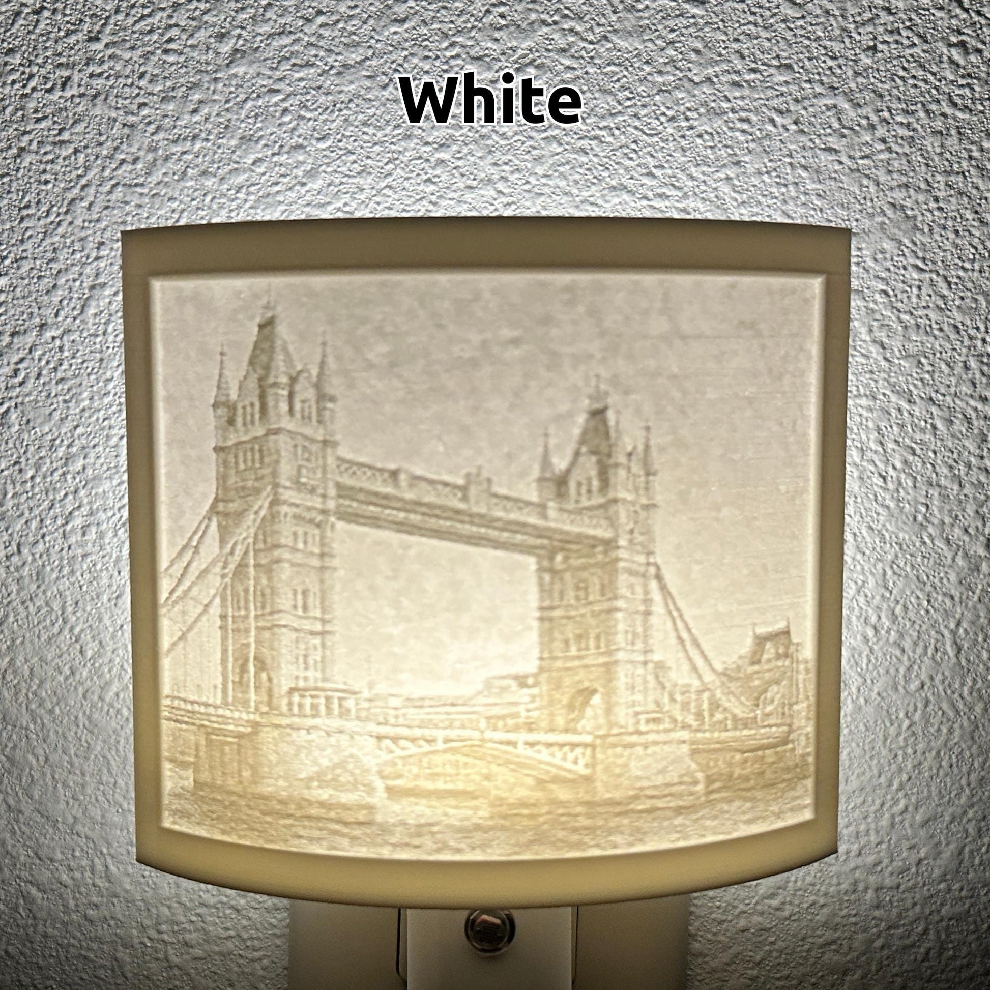 White Tower Bridge lithophane night light featuring a detailed London bridge cityscape, softly glowing curved travel-themed decor for bedrooms, offices, hallways, or architecture enthusiasts.