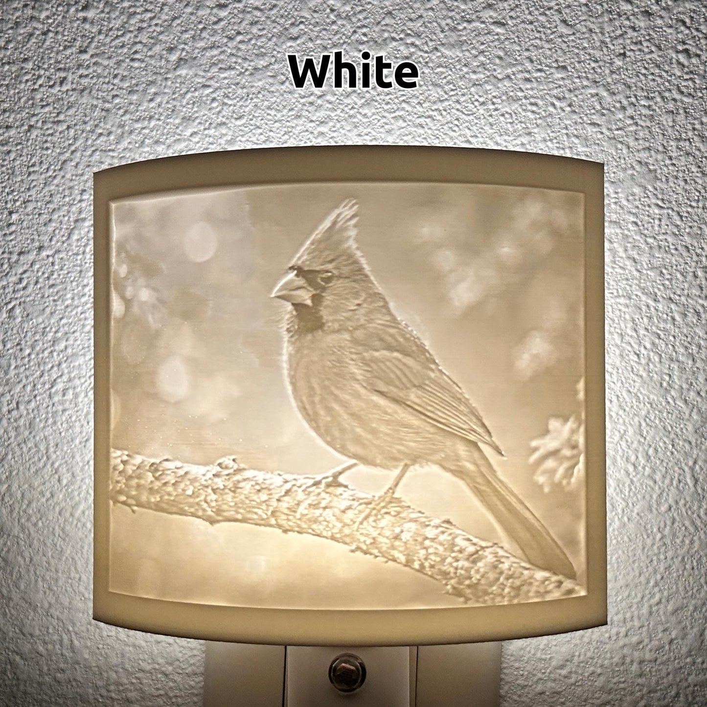 White cardinal lithophane night light featuring a detailed cardinal perched on a tree branch, softly glowing curved bird-themed decor for bedrooms, hallways, cabins, or nature-inspired spaces.