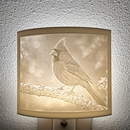 White cardinal lithophane night light featuring a detailed cardinal perched on a tree branch, softly glowing curved bird-themed decor for bedrooms, hallways, cabins, or nature-inspired spaces.