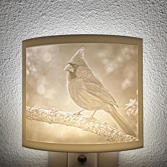 White cardinal lithophane night light featuring a detailed cardinal perched on a tree branch, softly glowing curved bird-themed decor for bedrooms, hallways, cabins, or nature-inspired spaces.