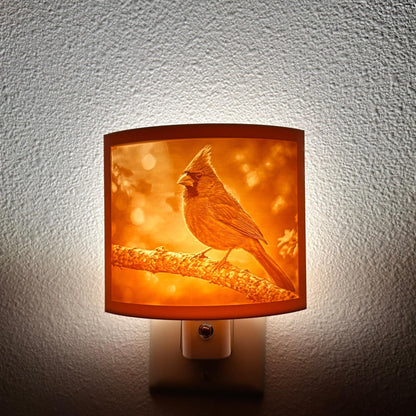 Warm glowing cardinal lithophane night light featuring a detailed cardinal perched on a tree branch, curved bird-themed decor for bedrooms, hallways, cabins, or nature-inspired spaces.