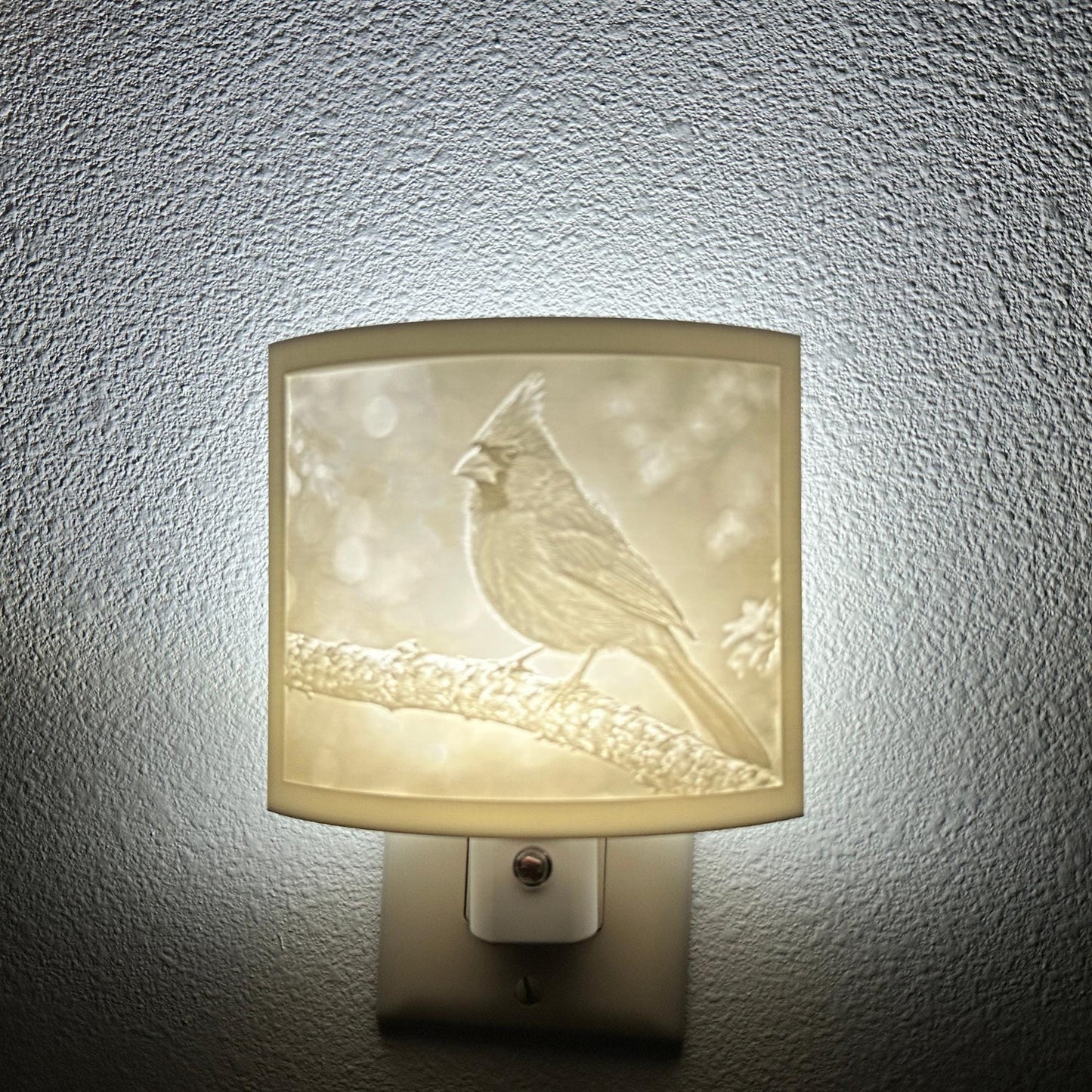 White cardinal lithophane night light featuring a detailed cardinal perched on a tree branch, softly glowing curved bird-themed decor for bedrooms, hallways, cabins, or nature-inspired spaces.