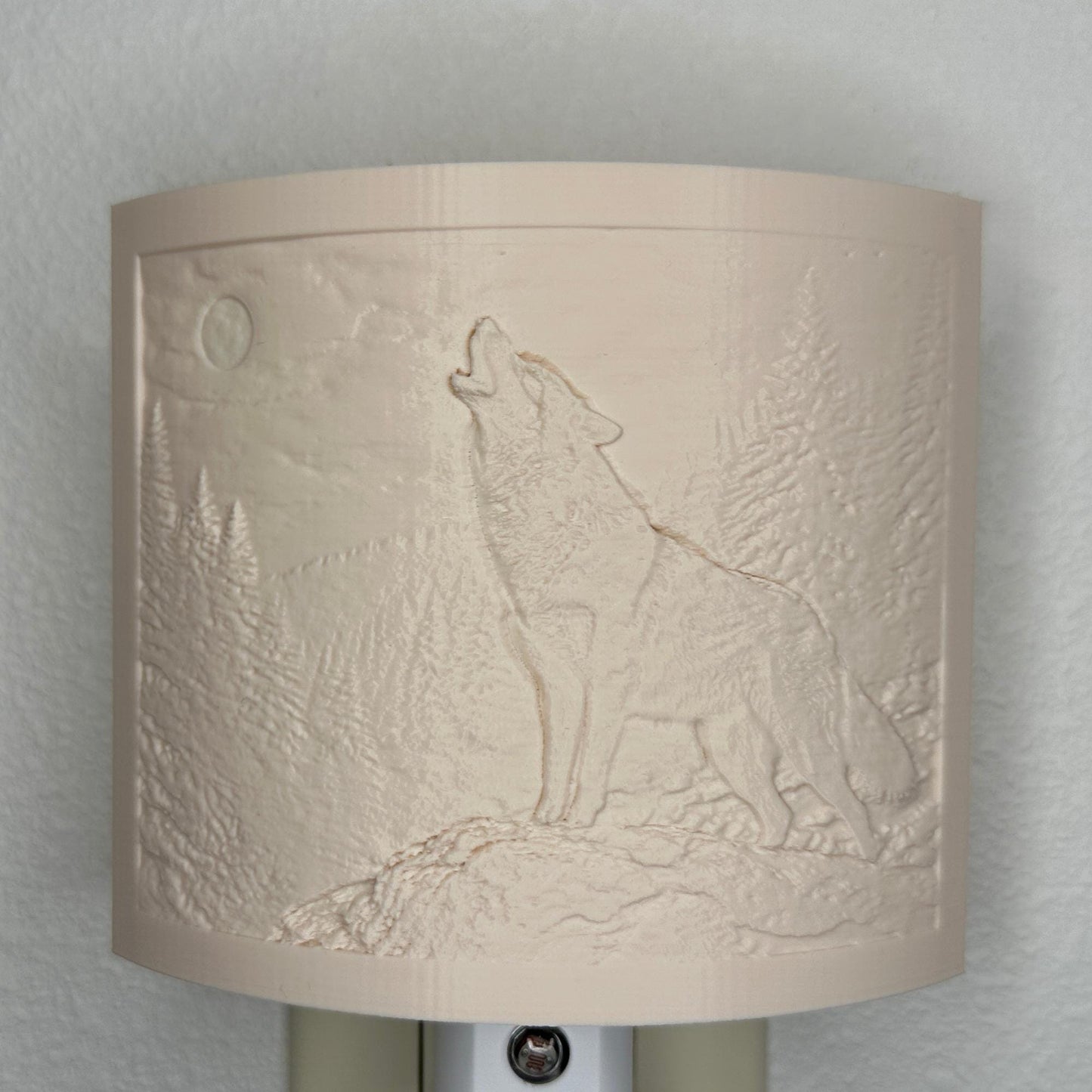 Beige wolf lithophane night light with embossed howling wolf beneath a full moon in a forest landscape, curved wildlife-themed decor for bedrooms, cabins, lodges, or rustic spaces.