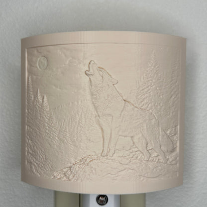 Beige wolf lithophane night light with embossed howling wolf beneath a full moon in a forest landscape, curved wildlife-themed decor for bedrooms, cabins, lodges, or rustic spaces.